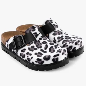 Zoe clogs med pels för dam - vit leopardmönster