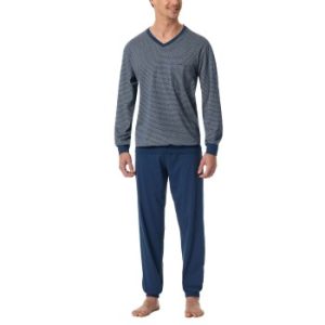 Schiesser Comfort Essentials V-Neck Long Pyjamas Blå bomull Small Herr