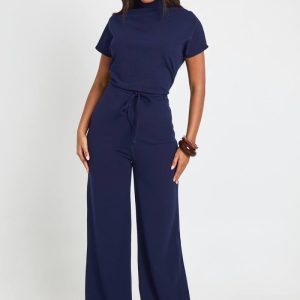 boohoo Dam Crêpe Jumpsuit Med Bred Passform, Påväxt Halsringning Och Dragsko I Midjan | Marinblå | Storlek 44