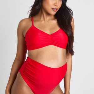 boohoo Dam Mammakläder Höga Midjan Rynkad Bikinitrosa | Röd | Storlek 36