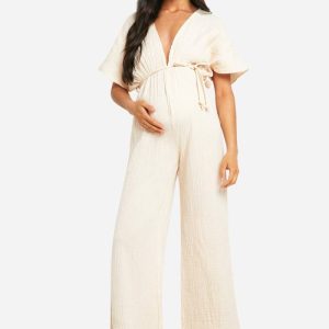 boohoo Dam Mammakläder Jumpsuit med vida ben och knytskärp | Sten | Storlek 44