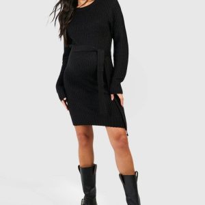 boohoo Dam Mammakläder Mjuk stickad klänning med knytdetalj | Svart | Storlek Medium