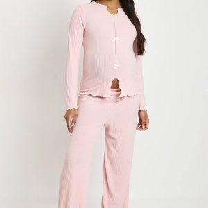 boohoo Dam Mammakläder Ribbad Pyjamasset Med Rosettdetalj Och Långa Ärmar | Rosa | Storlek 46