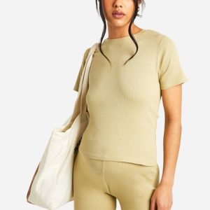 boohoo Dam Mammakläder Ribbade cykelbyxor med hög midja | Oliv | Storlek 40