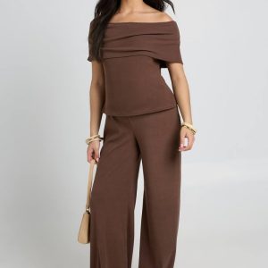 boohoo Dam Mjukt Ribbat Mammakläder Bardot-topp & Vida Byxor Set | Choklad | Storlek 44