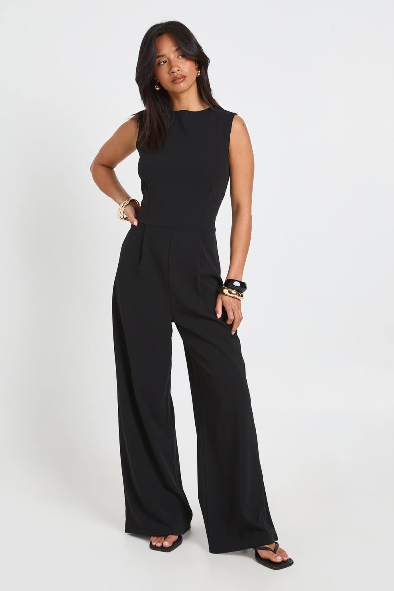 boohoo Dam Petite Skräddarsydd Jumpsuit Med Hög Hals, Markerad Midja Och Vida Ben | Svart | Storlek 44 - Bild 2