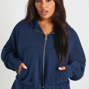 boohoo Dam Plus Core Basic Boxy Ballongärm OverStorlekd Hoodie med Dragkedja | Marinblå | Storlek 48