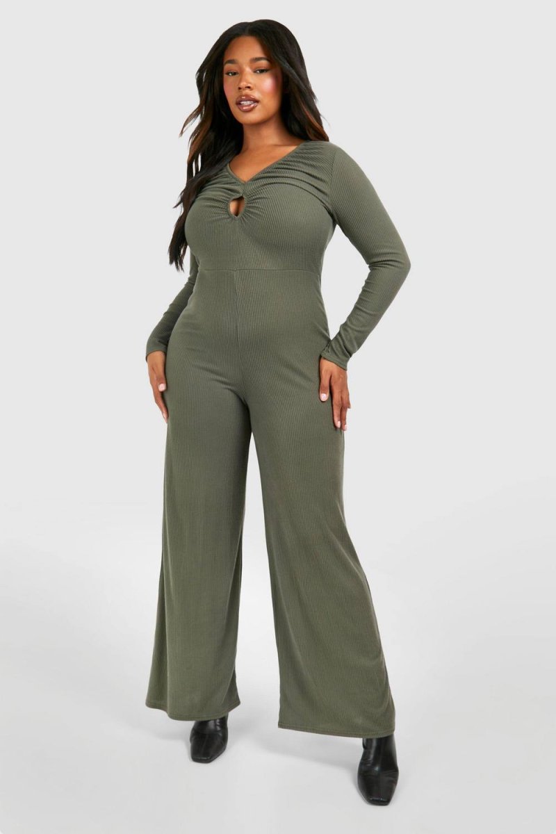boohoo Dam Plus Ribbnyckelhålsdetalj Vidbyxdigg Jumpsuit | Oliv | Storlek 48 - Bild 2