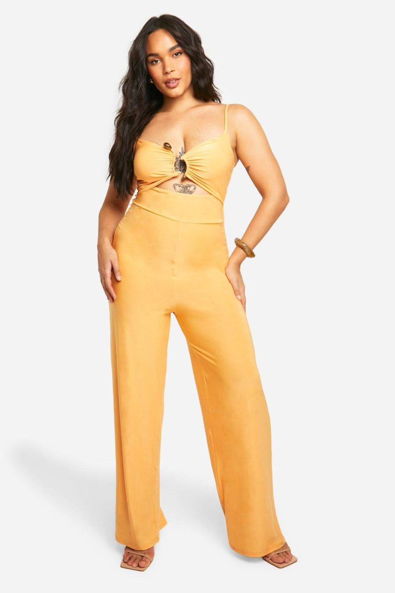 boohoo Dam Plus Slinky – Jumpsuit med rynkad framsida och vida ben | Gul | Storlek 48 - Bild 2